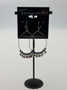 Taramanda Silver Tone Hoop Earrings with Navy Accents